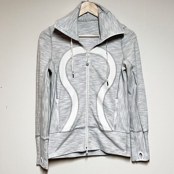 Lululemon Thin Scuba Hoodie Women's Full Zip Jacket Size 6 Grey White Stripes. - Picture 1 of 6